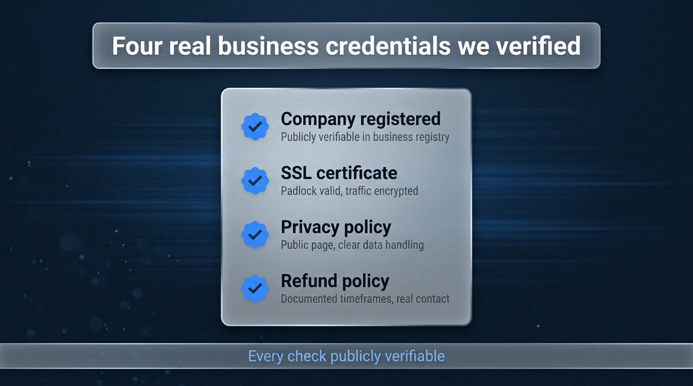 Four real PeekViewer business credentials - registered, SSL, privacy, refund