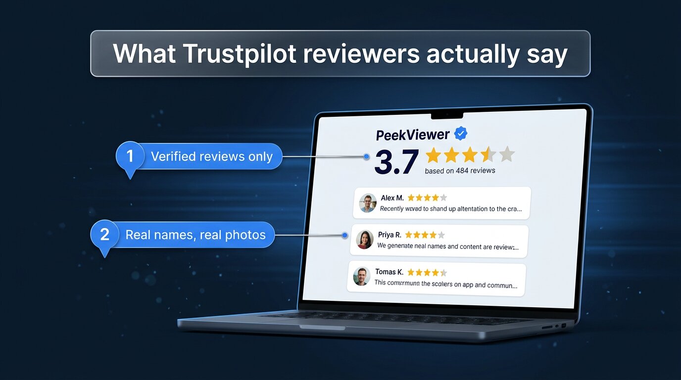 Trustpilot review page for PeekViewer with star rating and verified reviewers