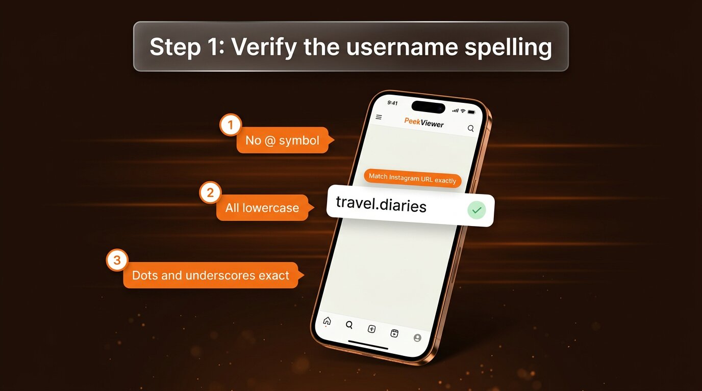 Check Instagram username spelling for PeekViewer search