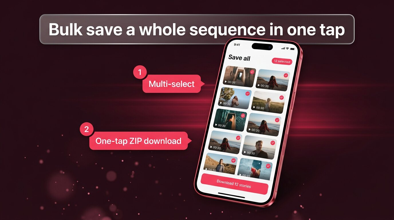 PeekViewer bulk save - multi-select stories one tap ZIP