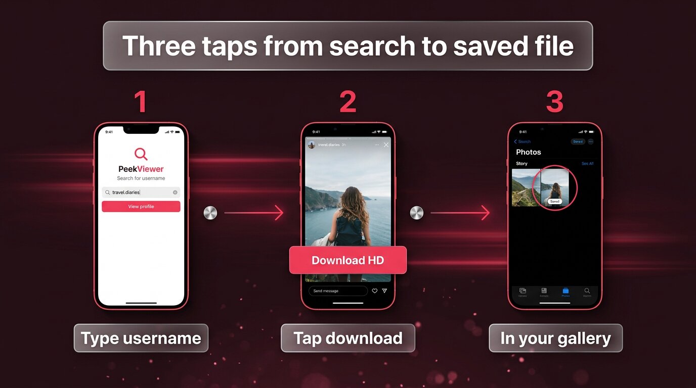 Three-step PeekViewer download flow from search to saved file