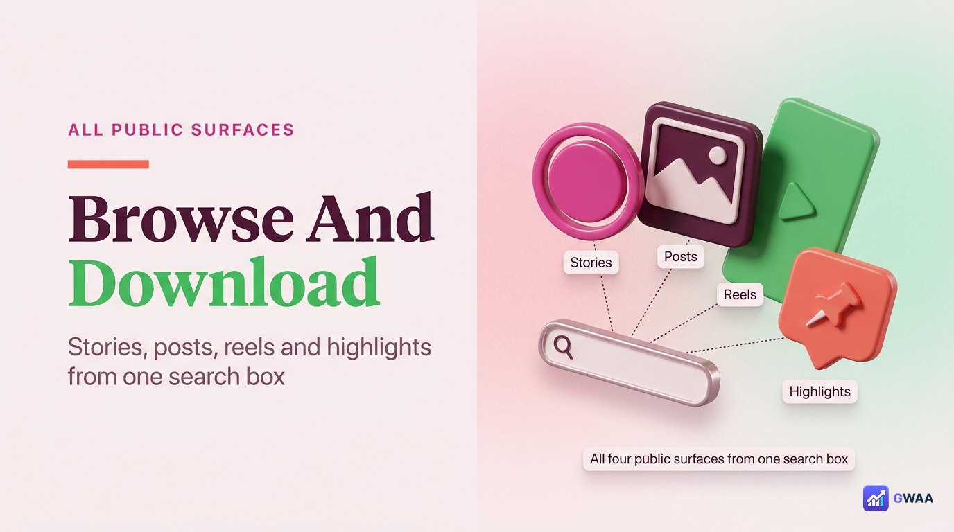 Four Instagram content types PeekViewer covers - stories, posts, reels, highlights