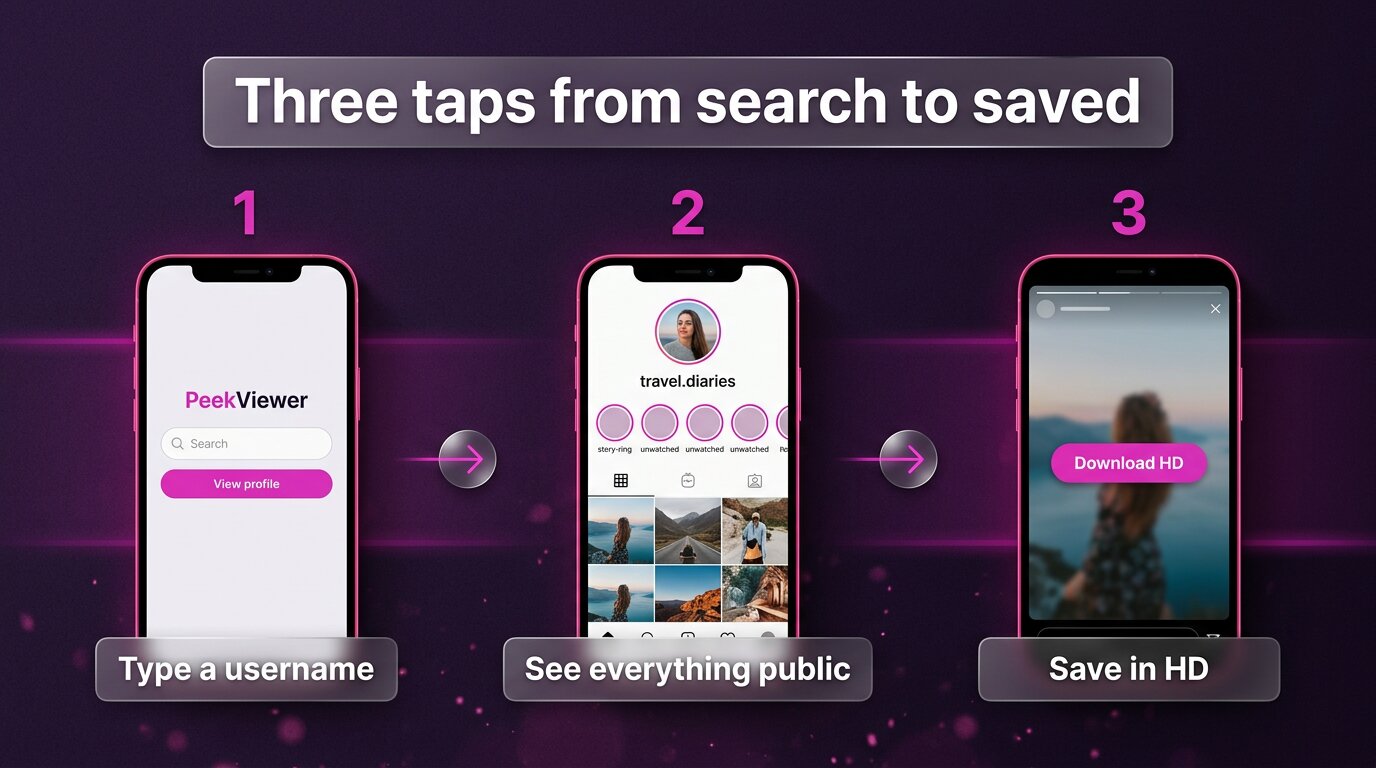 Three-step PeekViewer flow - type a username, see content, download