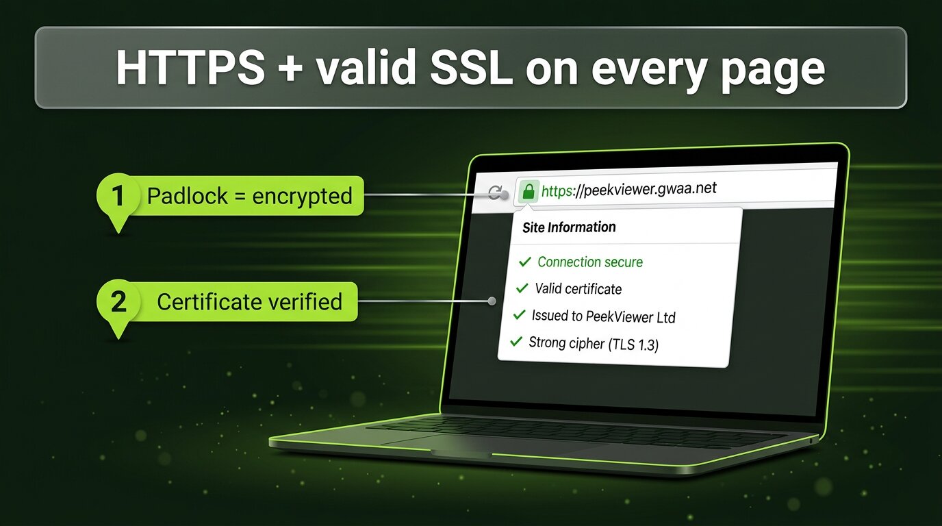 PeekViewer uses HTTPS with valid SSL on every page
