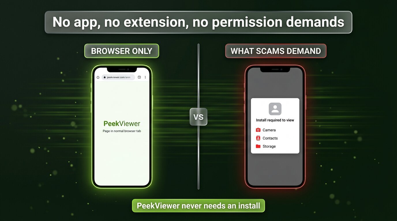 PeekViewer is browser-only - no app install, no permission demands
