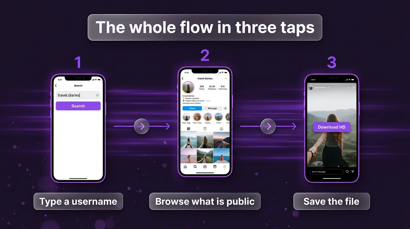 Three-phone flow showing the complete PeekViewer experience