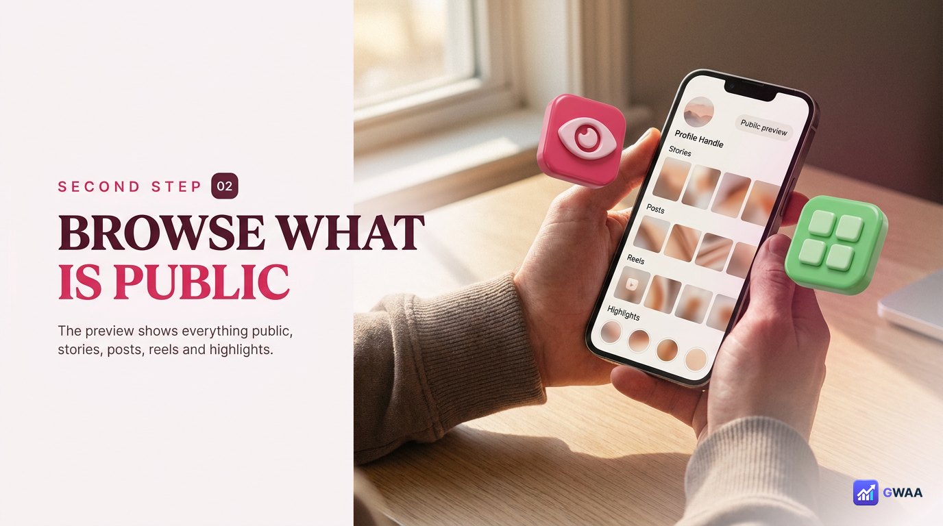 PeekViewer step 2 - loaded profile preview with stories grid posts
