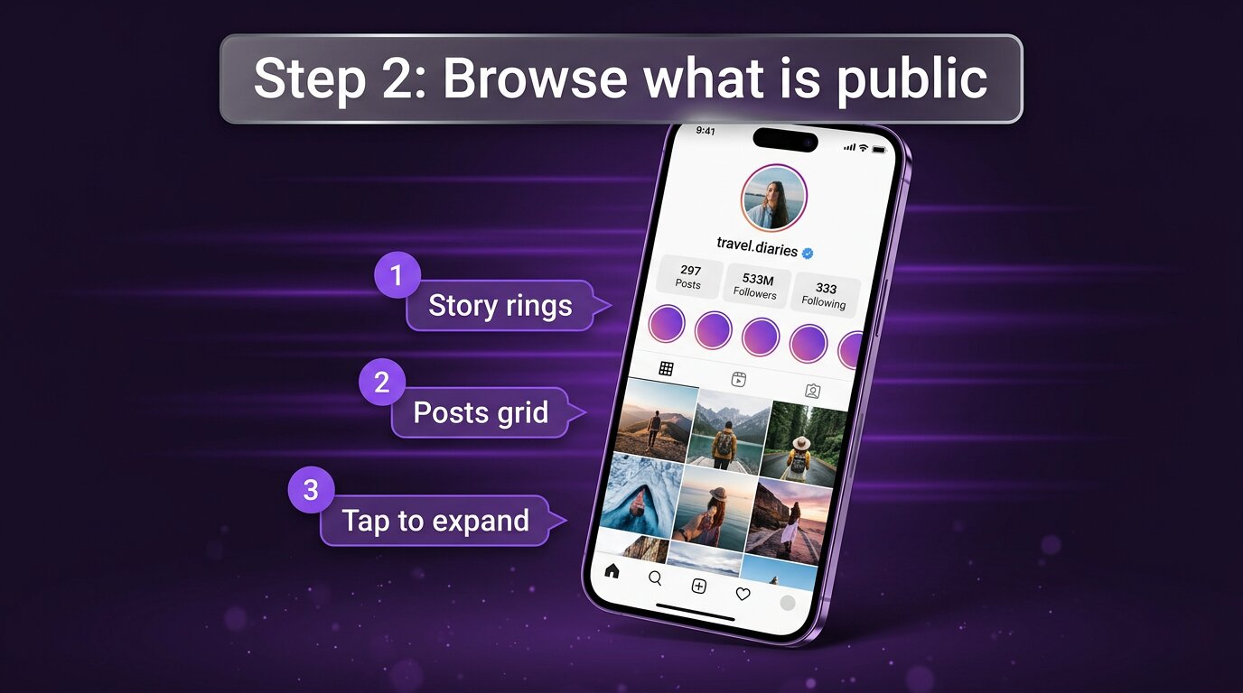 PeekViewer step 2 - loaded profile preview with stories grid posts